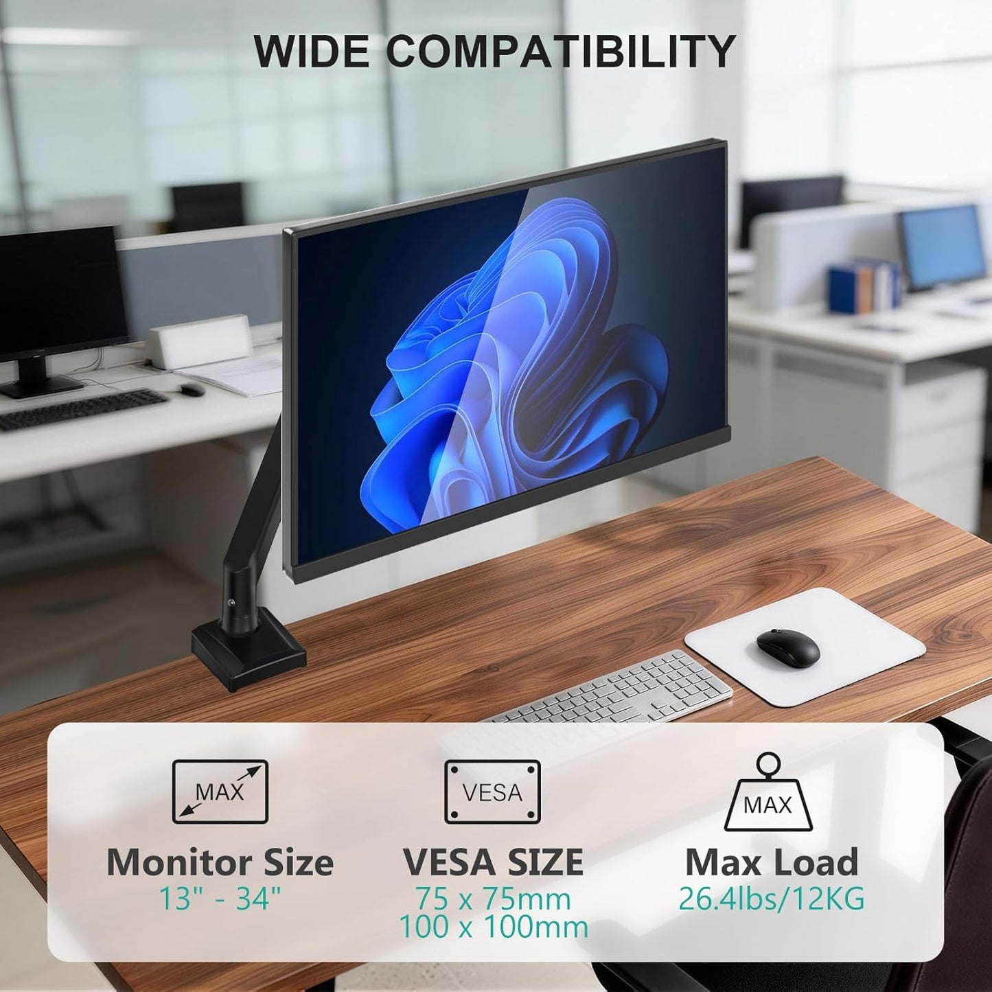 Single Monitor Arm — Full Motion, VESA 75/100mm, Up to 34"