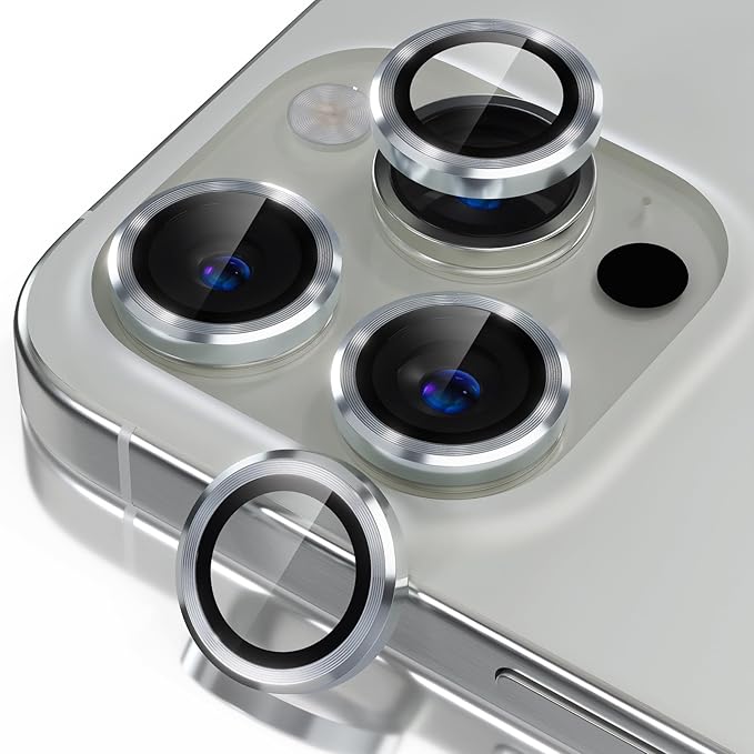 Misea Compatible for iPhone 16 Pro/iPhone 16 Pro Max Camera Lens Protector, Ultra-HD Tempered Glass Camera Cover Screen Protector Metal Individual Ring Protector Decoration Accessories, Silver