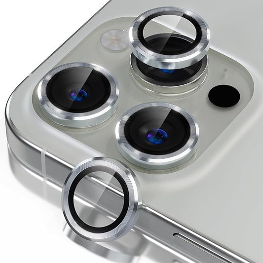 Misea Compatible for iPhone 16 Pro/iPhone 16 Pro Max Camera Lens Protector, Ultra-HD Tempered Glass Camera Cover Screen Protector Metal Individual Ring Protector Decoration Accessories, Silver