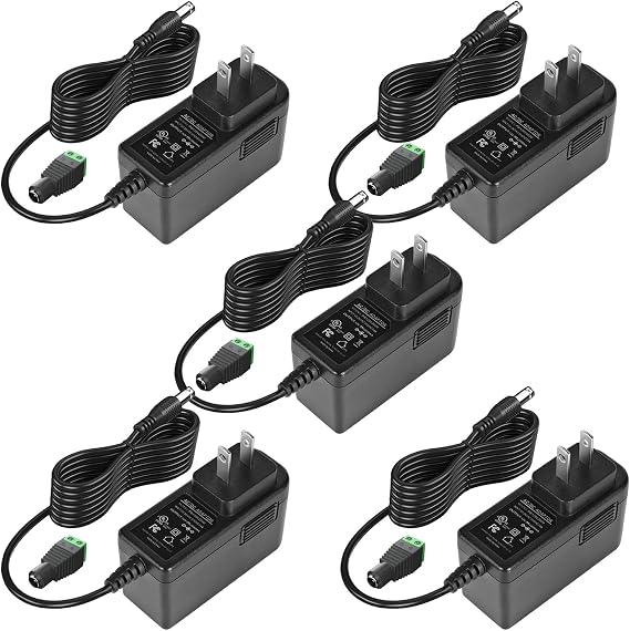 UL Listed 12V 2A 24W AC DC Power Supply Adapter, 5 Pack