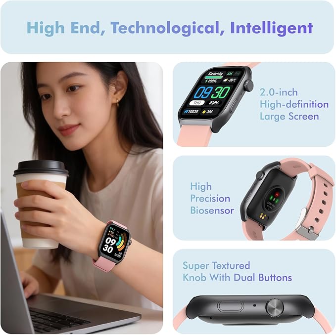 YMS Android Smart Watch for Women - 2.0",IP68 Waterproof Fitness Watches Bluetooth Call (Answer/Call),Heart Rate/Sleep/Pressure/Steps Monitor,Android & iOS,100+ Sports Trackers (Pink)