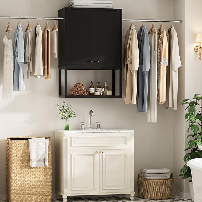 Homieasy Wall Cabinet with 2 Hanging Rods, 67'' Wide Laundry Wall Cabinet with 2 Doors, Open Rack & Adjustable Inner Shelf, Storage Cabinet Wall Mounted for Laundry & Bathroom, Black