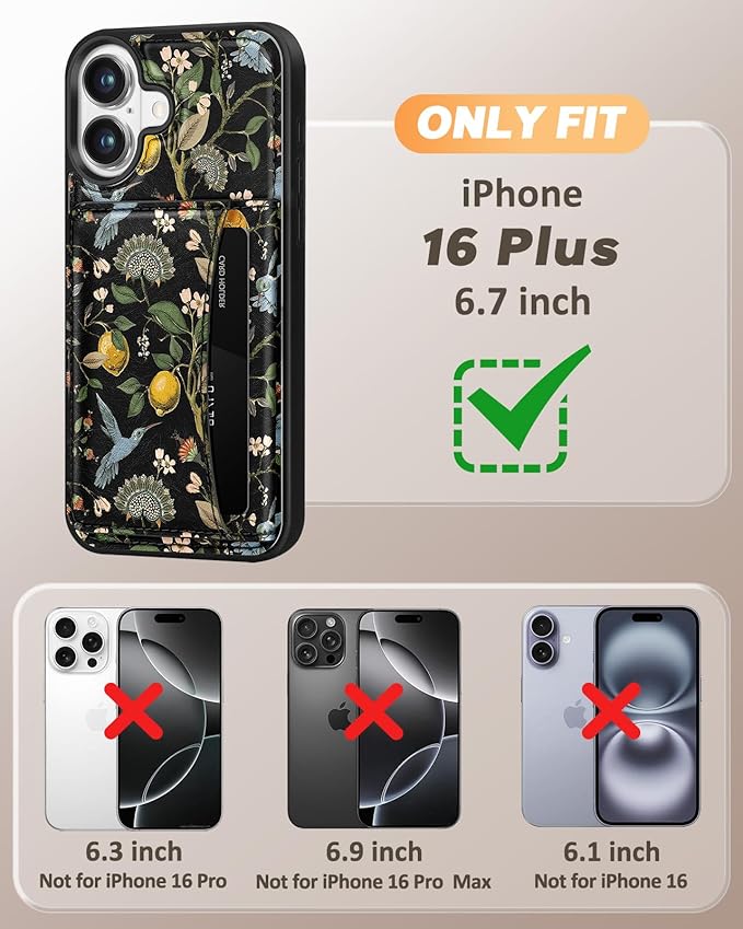 for iPhone 16 Plus Case with Wallet - Fits 4 Card Slots, Compatible with MagSafe for Women Aesthetic Durable PU Leather Credit Card Holder Kickstand Phone Cover for Apple 16 Plus, Lemon Bird