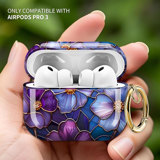 Cute Hard Case Compatible with AirPods Pro 3rd Generation Case (2025), Shockproof Protective Cover with Golden Keychain Ring Clip (Purple Flower)