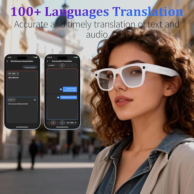 AI Smart Glasses with 8MP Camera, 4K Video & HD Photo, Bluetooth Audio, AI Voice Assistant, Real-Time Translation, Object Recognition, Noise-Cancel Calls, Music,Photochromic +2 Red Lenses