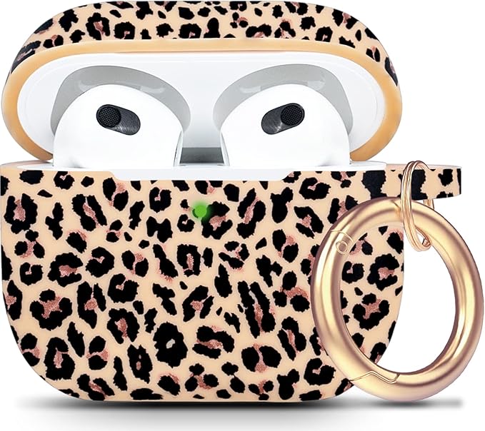Silicone Leopard Compatible with AirPods 3 Case 2021, Gawnock Soft Case Compatible with AirPods 3rd Generation Floral Print Cover for Women Girls with Keychain (Khaki Leopard)