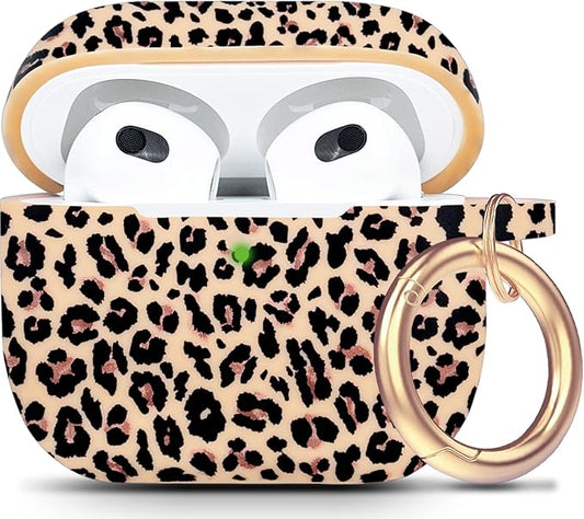 Silicone Leopard Compatible with AirPods 3 Case 2021, Gawnock Soft Case Compatible with AirPods 3rd Generation Floral Print Cover for Women Girls with Keychain (Khaki Leopard)