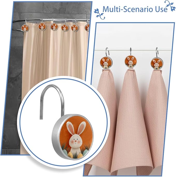 Easter Bunny Crystal Glass Shower Curtain Hooks for Bathroom Shower Rod, 12Pcs Round Home Decorative Shower Curtain Rings, Orange Bathroom Bedroom Living Room Accessories