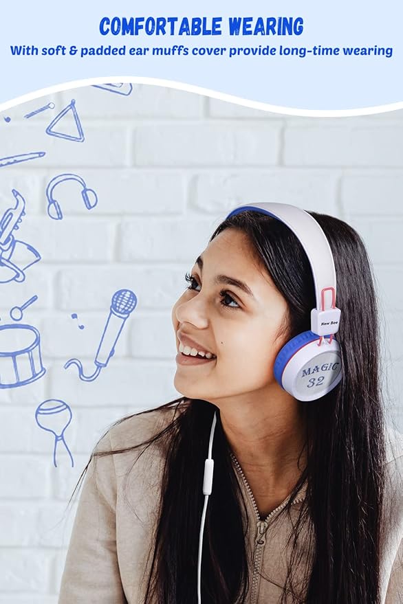 New Bee Kids Headphones for School with Microphone KH20 HD Stereo Safe Volume Limited 85dB/94dB Foldable Lightweight On-Ear Headphone for PC/Mac/Android/Kindle/Tablet/Pad (White)