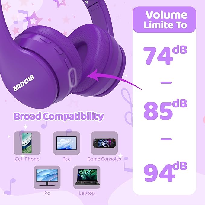 MIDOLA Kids Headphones Bluetooth 5.4 Wireless 68H Play Time Volume Limit 85/94dB Over-Ear Foldable Headset,Type-C Fast Charging, Wired Aux Mic for Toddler Child Pad Tablet Purple