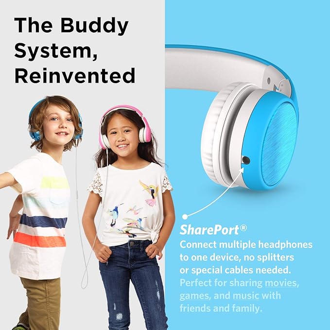 LilGadgets Connect+ Style On-Ear Kids Headphones with Microphone - SharePort Technology, SoftTouch Padding, Detachable Cable, Volume Limiting, Durable & Adjustable - Blue