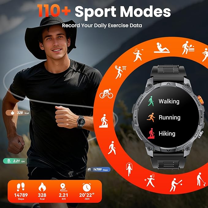 Military Smart Watches for Men,1.75″ Smartwatch with 100-Day Ultra-Long Battery/Flashlight,Fitness Watch for Heart Rate/Sleep/Calling/110+ Sports Mode Smart Watch for Android iOS 1000 mAh