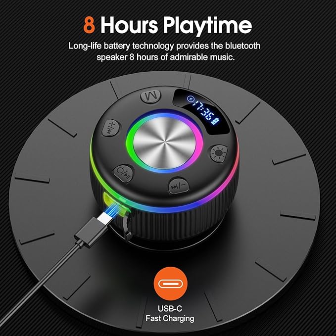 Bluetooth Shower Speaker, IP7 Waterproof Portable Bluetooth 5.3 Speakers with Suction Cup, Mini Wireless Speaker with RGB Lights Time Display, Loud Stereo Sound for Bathroom Beach Travel Outdoor Party
