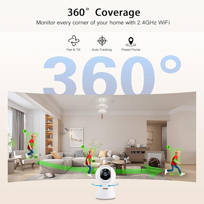 Indoor Camera 1080P Plug-in Wired, 24/7 Recording, 360°Pan-Tilt Human Auto Tracking, Human Detection, 2-Way Audio Siren, Night Vision, Pet/Dog/Baby Security Camera with Phone App