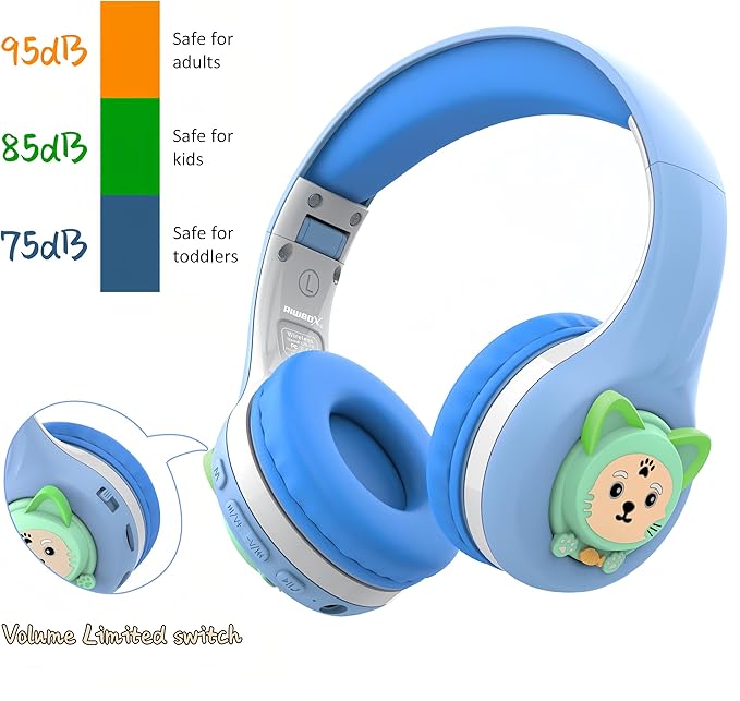 Riwbox CB-7S Kids Wireless Headphones,with Safe Volume Control 74/85/95dB,LED Glow Lights,50H Playtime,Bluetooth V5.3,Built-in Mic, TF Card Slot,for Travel/School/Phone/Laptop(Blue&Grey)