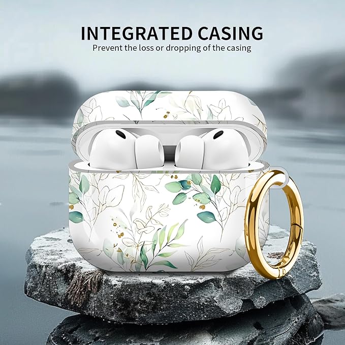 Compatible with AirPod Pro 3 (2025),Cute Case Cover for Women & Men, Full Protection Shockproof Hard Case with Keychain, Wireless Charging Case Accessories(Green Gold Leaves Branches)