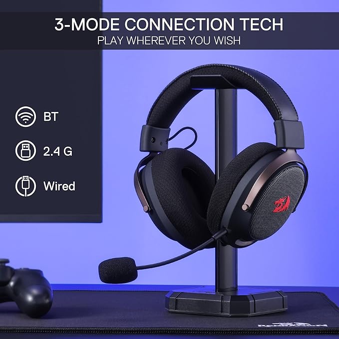 Redragon H858 3-Mode Wireless Gaming Headset, 7.1 Surround Sound, 53 mm Drivers, Memory Foam Ear Pads, Detachable Noise-canceling Microphone, Over-Ear Headphones Works for Phone, PC/PS5/NS, Black