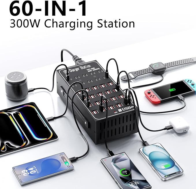 60 Port USB C Charger Block, 300W(60A) USB Charging Station, USB Hub Charger for Multiple Devices, USB C Multi Charge Compatible with iPhone 17 16 15 14 13, iPad, Samsung Galaxy S23 S24, Pixel