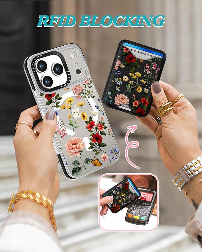 Toycamp for iPhone 17 Pro Max Case - Compatible with Magsafe Credit Card Holder Wallet Magnetic Cute Women Teen Girls Kawaii Girly Unique Flower Floral Design Phone Cover for Apple 17 Promax