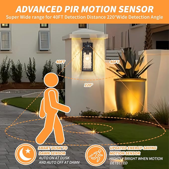 2 Pack Motion Sensor Outdoor Wall Lights,Updated Dusk to Dawn Outdoor Lighting, Exterior Light Fixtures Wall Mount With Water-Rippled Glass,Waterproof Black Porch Light Outside Lights for House