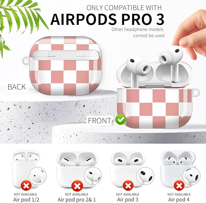 Compatible with AirPod Pro 3rd Generation Case 2025,Fashion Protective Cover with Keychain, Anti-Scratch, Drop Protection,Shockproof Cover for AirPod Pro 3 Women(Pink White Checkered)