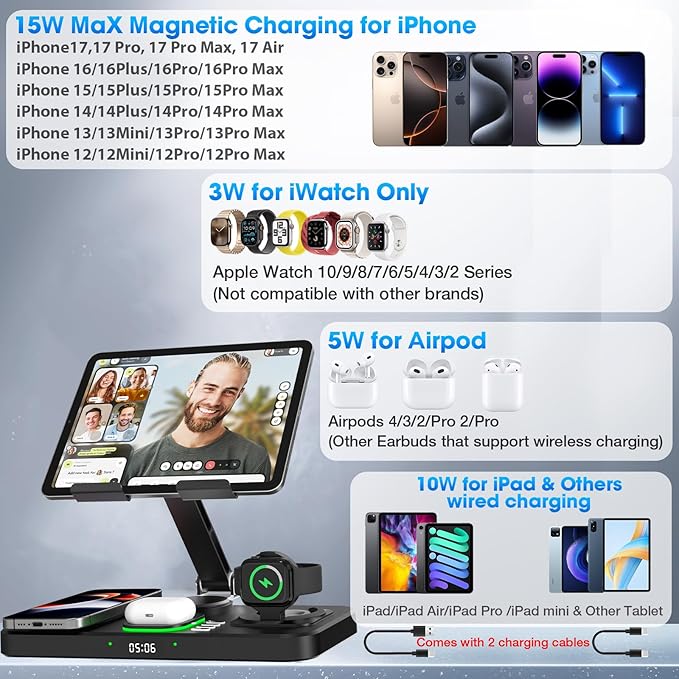 6 in 1 Wireless Charger for Apple Device, 30W Foldable Wired Charging for ipad with Clock & 7 Color Ambient Light, Nightstand Charger Station for iPhone 17/16/15/iWatch Series/AirPods 4/Pro 3(Black)