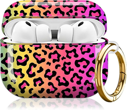 Compatible with AirPod Pro 3 (2025),Cute Case Cover for Women & Men, Full Protection Shockproof Hard Case with Keychain, Wireless Charging Case Accessories(Neon Rainbow Leopard)
