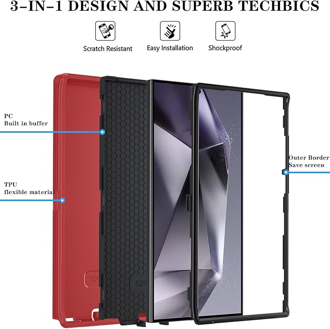 ONOLA Compatible with Samsung Galaxy S24 Ultra Case with HD Screen Protector, Heavy Duty Shockproof & Dropproof 3-Layer Cover Phone Case,RedBlack