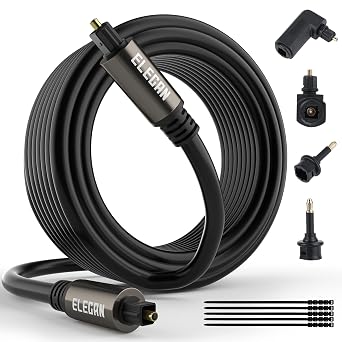 Elecan Optical Audio Cable 50 Ft Digital Audio Toslink Cable Cord-Fiber Optic-Gold Plated-Flexiable&Durable-for Home Theater,Sound Bar,PS4&Xbox-with 4 Right Angled and Mini Toslink Adapters+Ties
