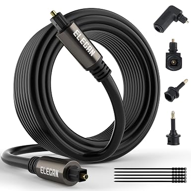 Elecan Optical Audio Cable 50 Ft Digital Audio Toslink Cable Cord-Fiber Optic-Gold Plated-Flexiable&Durable-for Home Theater,Sound Bar,PS4&Xbox-with 4 Right Angled and Mini Toslink Adapters+Ties