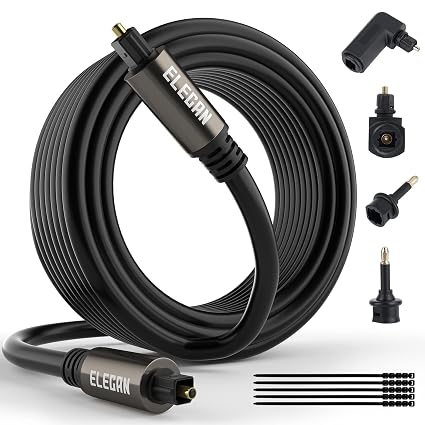 Elecan Optical Audio Cable 50 Ft Digital Audio Toslink Cable Cord-Fiber Optic-Gold Plated-Flexiable&Durable-for Home Theater,Sound Bar,PS4&Xbox-with 4 Right Angled and Mini Toslink Adapters+Ties