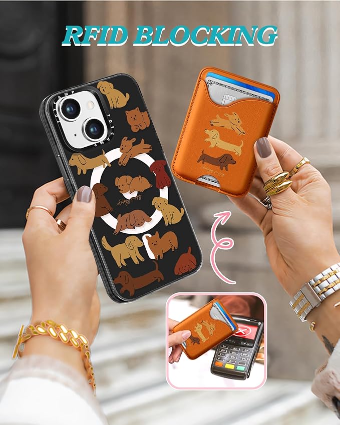 Toycamp for iPhone 15 Case - Compatible with Magsafe with Credit Card Holder Wallet Magnetic Cute Women Teen Girls Kawaii Girly Unique Small Dogs Design Pretty Phone Cover for Apple 15 6.1"