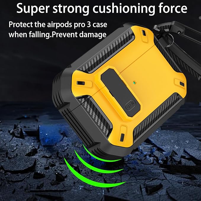 for AirPods 4 Case 2024 with Secure Lock Clip - Military-Grade Drop Protection AirPods 4th Generation Case, Carbon Fiber Shockproof Cover, Automatic Pop-up & Carabiner Hook, Black Yellow
