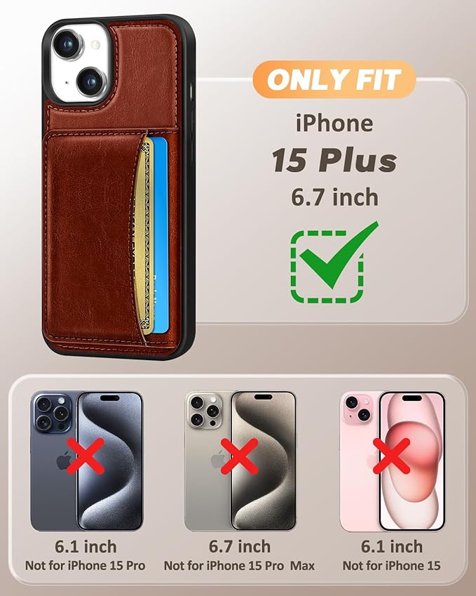 for iPhone 15 Plus Case with Wallet - Fits 4 Card Slots, Compatible with MagSafe for Women Men Durable PU Leather Credit Card Holder Kickstand Phone Cover for Apple 15 Plus, Brown
