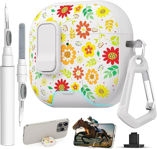 for AirPods 4 Case with Secure Lock Clip in Phone Stand,Floral Girly Style Protective Cover with Cleaning Kit and Hand Strap for Apple AirPod 4 Generation (Sunflower Petals)