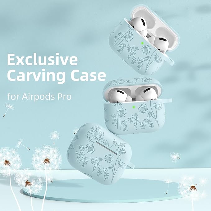 Lerobo for Airpod Pro Case/Airpod Pro 2 Case Cover, Flower Engraved Cute Silicone Skin Full Protective Cover Compatible with Apple Airpods Pro 2nd/1st Generation Case with Keychain, Turquoise
