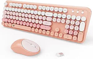 Wireless Keyboard and Mouse Combo, 2.4GHz Colorful Cute Round Keycaps Keyboard for Office Computer PC Desktops Laptop (104 Keys Pink White)