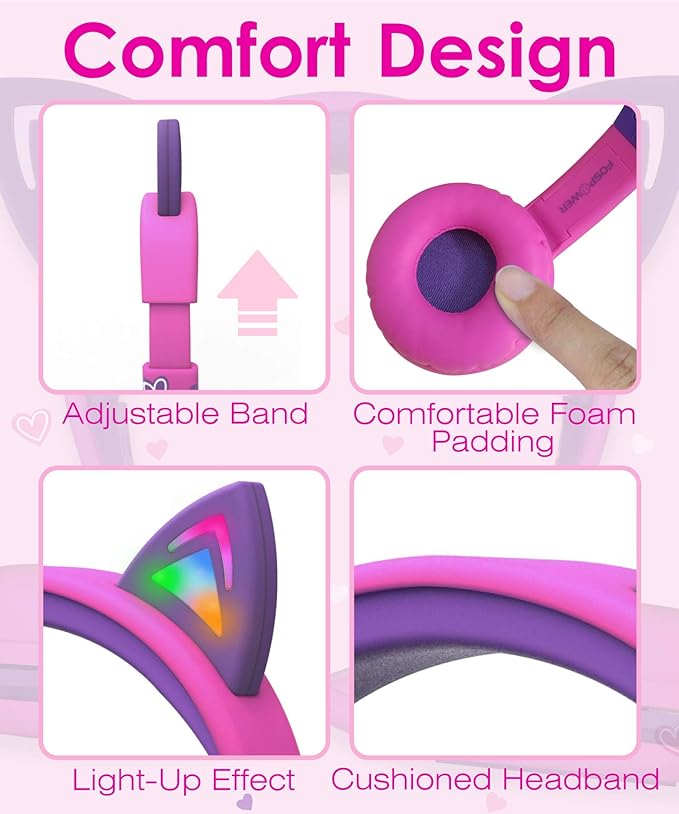 FosPower Kids Headphones with LED Cat Ears (85dB Safe Volume Limit), 3.5mm Soft On-Ear Wired Headphones with Tangle-Free Laced Cables for iPad/Tablet/School/Travel - Hot Pink/Purple