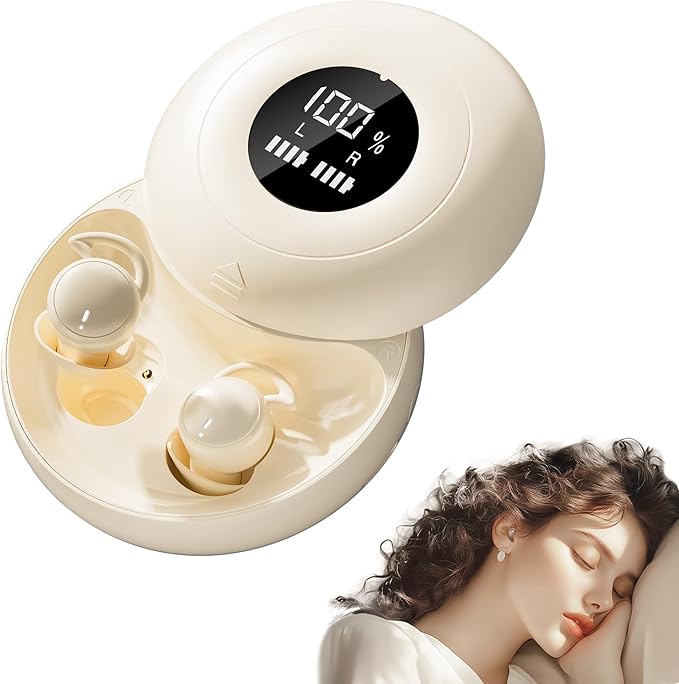 sunvito Sleep Earbuds Bluetooth 6.0, Mini Invisible Silicone Sleep Earbuds for Side Sleepers, Noise Blocking Sleeping Headphones, Hidden Earbuds with LED Display for Small Ears, Sleep & Relax (Beige)