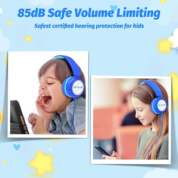 V1 Kids Headphones, Wired Stereo Foldable Tangle-Free 3.5mm Adjustable On-Ear Headphones for Kids for School/Toddlers/Childrens/Teens/Boys/Girls/Ipad/Tablet/Kindle/Phones/Travel/Plane (Blue-RV)