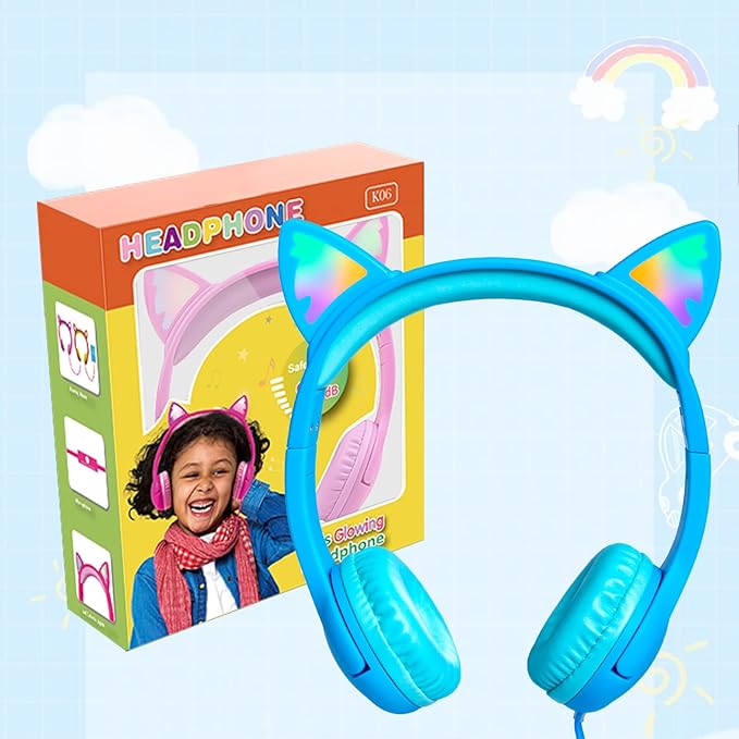 Olyre Kids Headphones with Sharing Port and Microphone, Girls Boys Headphone LED Cat Ears 85dB Volume Limited for Children/Toddler Wired On Ear for Tablets/E-Readers/Online/School/Travel - Blue