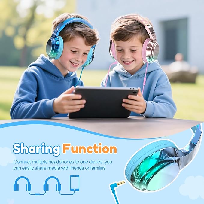 QearFun USB C Kids Headphones Wired with Mic, 85/94dB Safe Volume Limit, Foldable Over Ear, Tangle-Free Cord & Sharing Port, Wired On-Ear Headset for School, Chromebook, Tablet, Travel-Boys & Girls