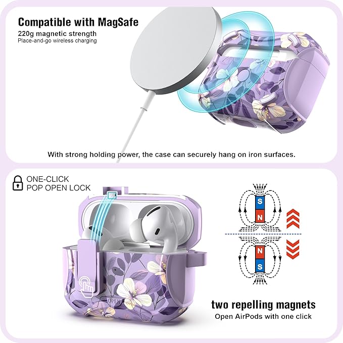 Wenew Case for AirPods Pro & Pro 2 Case Cover with Lock, Phone Stand, Cleaning Tool, Clip, Women Full Body Hard Shell, Compatible with Magsafe, One-Click Pop Open Lock (Purple 2, AirPods Pro & Pro 2)