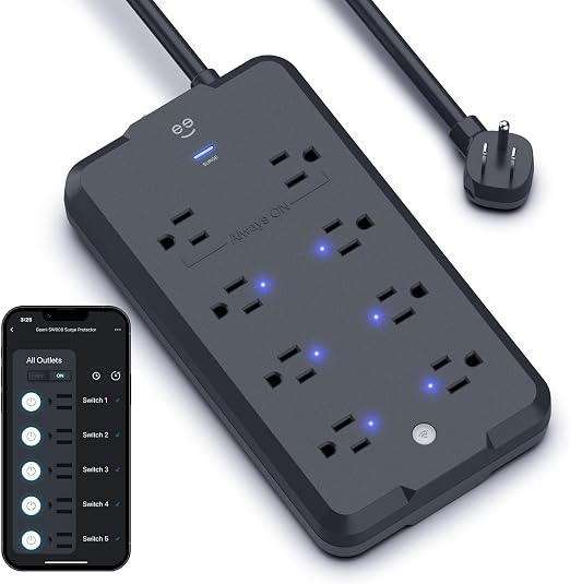 Geeni Surge Ultra Smart 8-Outlet Surge Protector, No Hub, 6 ft. Cord, Black