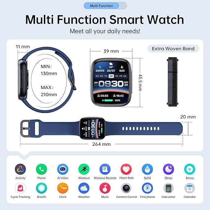 Smart Watches for Men Women, 1.85" HD AMOLED Display, 2 Bands Included, Works with iPhone & Android, 12-Day Battery, 3ATM Waterproof, Bluetooth Call, Health & Fitness Tracker, Dark-Blue
