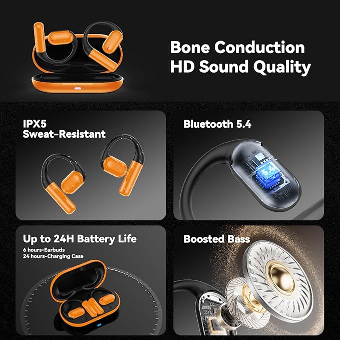Bone Conduction Headphone Wireless Bluetooth 5.4, 0.8g Pillow Sleep Earbuds with HD Mic/Touch Control/Clear Calls, Open Ear Headphones with Earhook for Cycling Yoga Workouts(Orange)