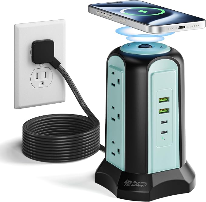 SUPERDANNY 10FT Power Strip Tower Wireless Charger, 10A, 9 AC, Black & Blue
