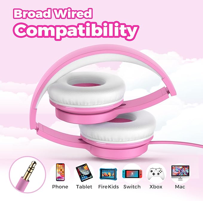 TuneFlux Upgraded Kids Headphones, Wired Toddler Headsets, 85dB Limited Volume On Ear Headphones, Portable Foldable Design, Stereo Sound Kids Headsets for School/Tablet/Travel-Pink