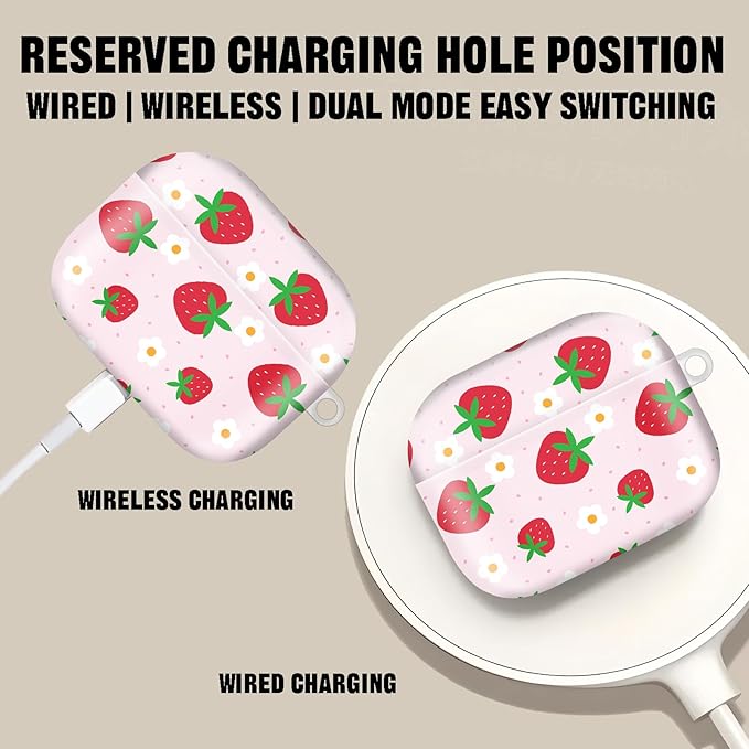 Compatible with AirPod Pro 2nd//1st Generation Case Cover with Key Chain,Full Protective Shockproof Wireless Headphone Case for Airpod Pro 2023/2022/2019（Beautiful Strawberries）