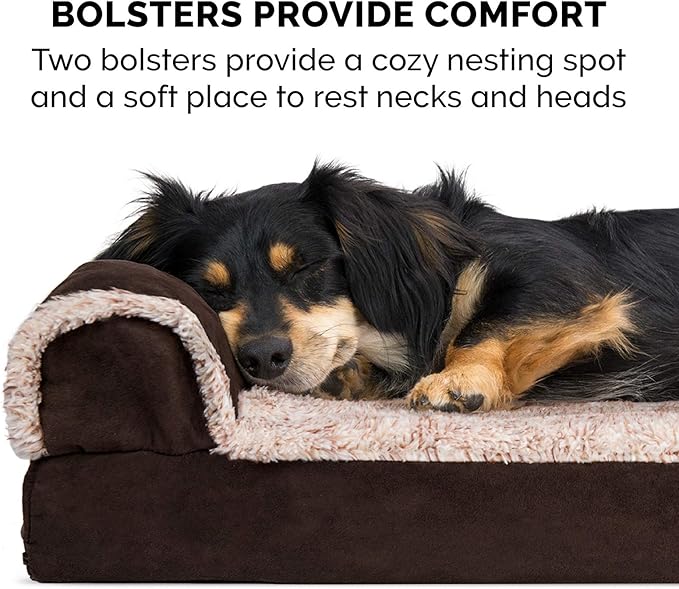 FurHaven Orthopedic Dog Bed for Large Dogs, L-Shaped Chaise Contour Mattress with Solid Orthopedic Foam Slab for Joint Support, Removable Washable Cover, Jumbo Plus/XXL, Faux Fur & Suede, Espresso